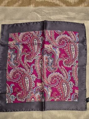 Magenta Paisley Pocket Square with Gray Border